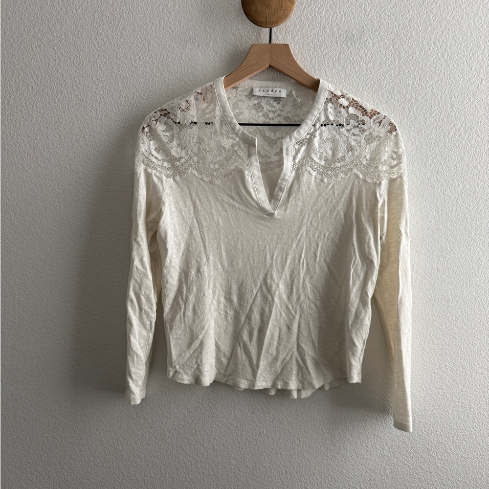 Sandro Linen Lace Long Sleeve Top